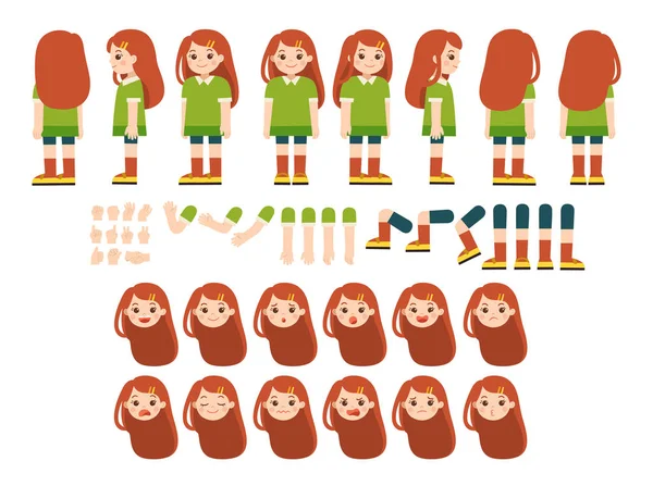 Kit de création de mascotte de petite fille pour différentes émotions, poses et gestes . — Image vectorielle