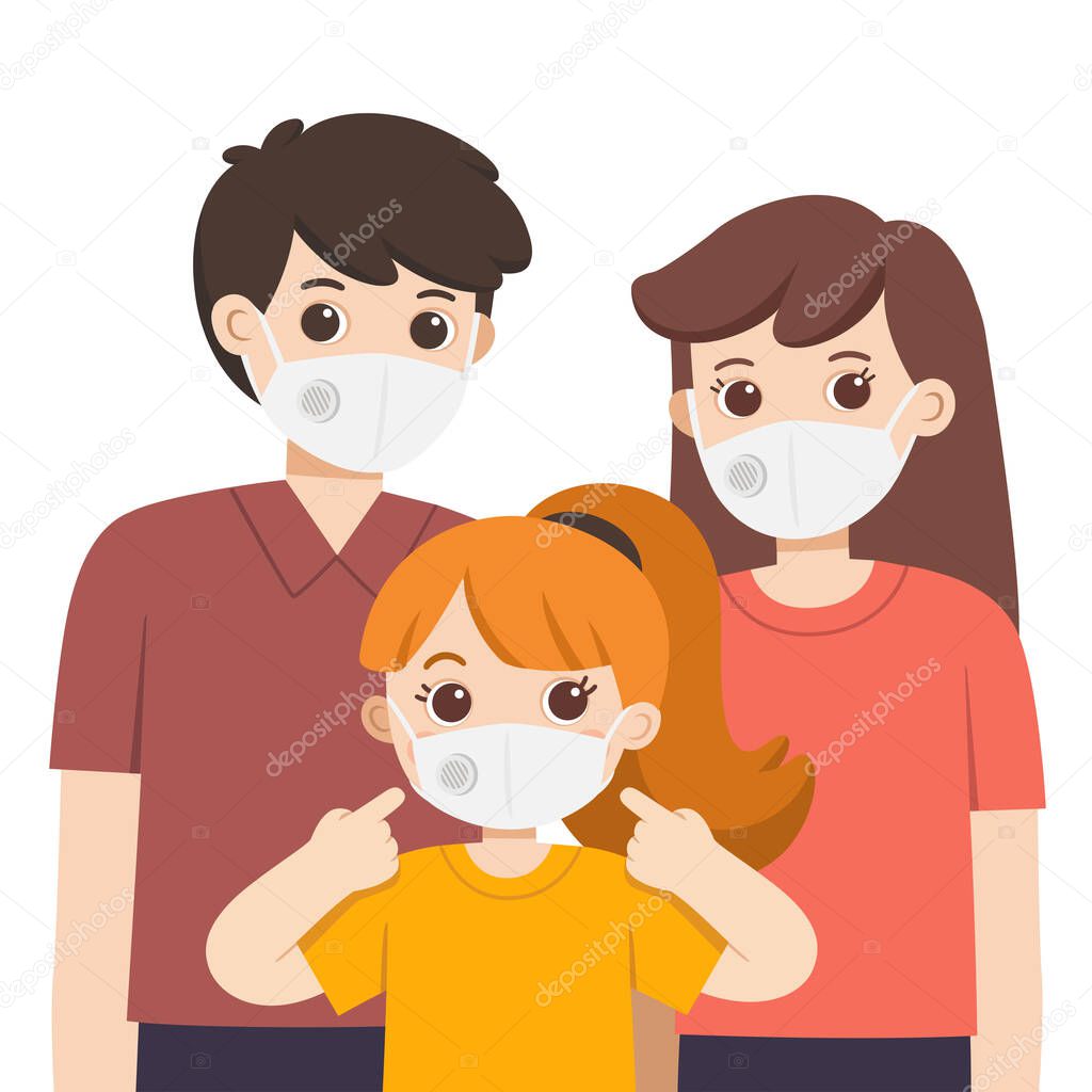 Parent and child wearing medical mask. Hygiene mask. Virus protection.