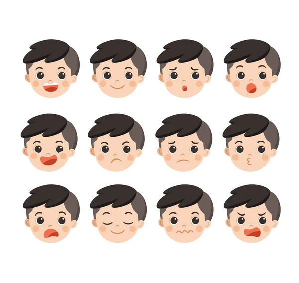 Conjunto de Adorable Boy emociones faciales. Cara de niño con diferentes expresiones . — Vector de stock