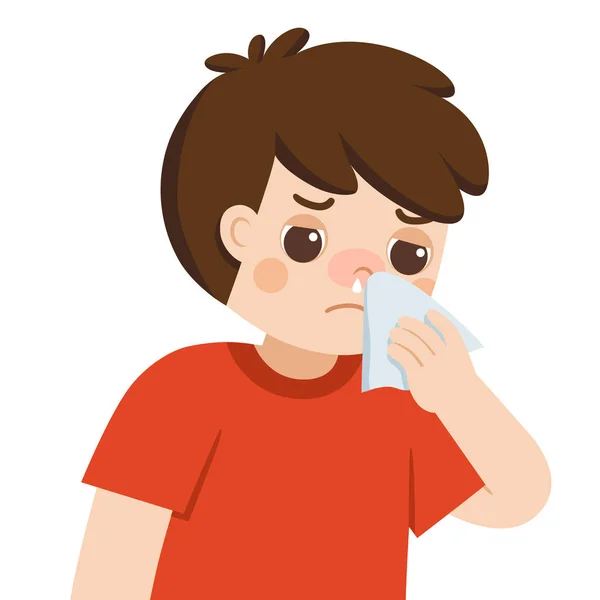 Malade Mignon Garçon Avec Nez Froid Liquide Obtenir Serviette Papier — Image vectorielle