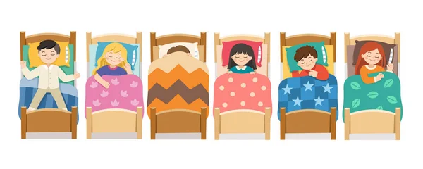 Conjunto Personajes Infantiles Acostados Diferentes Posturas Durante Sueño Nocturno Niños — Vector de stock