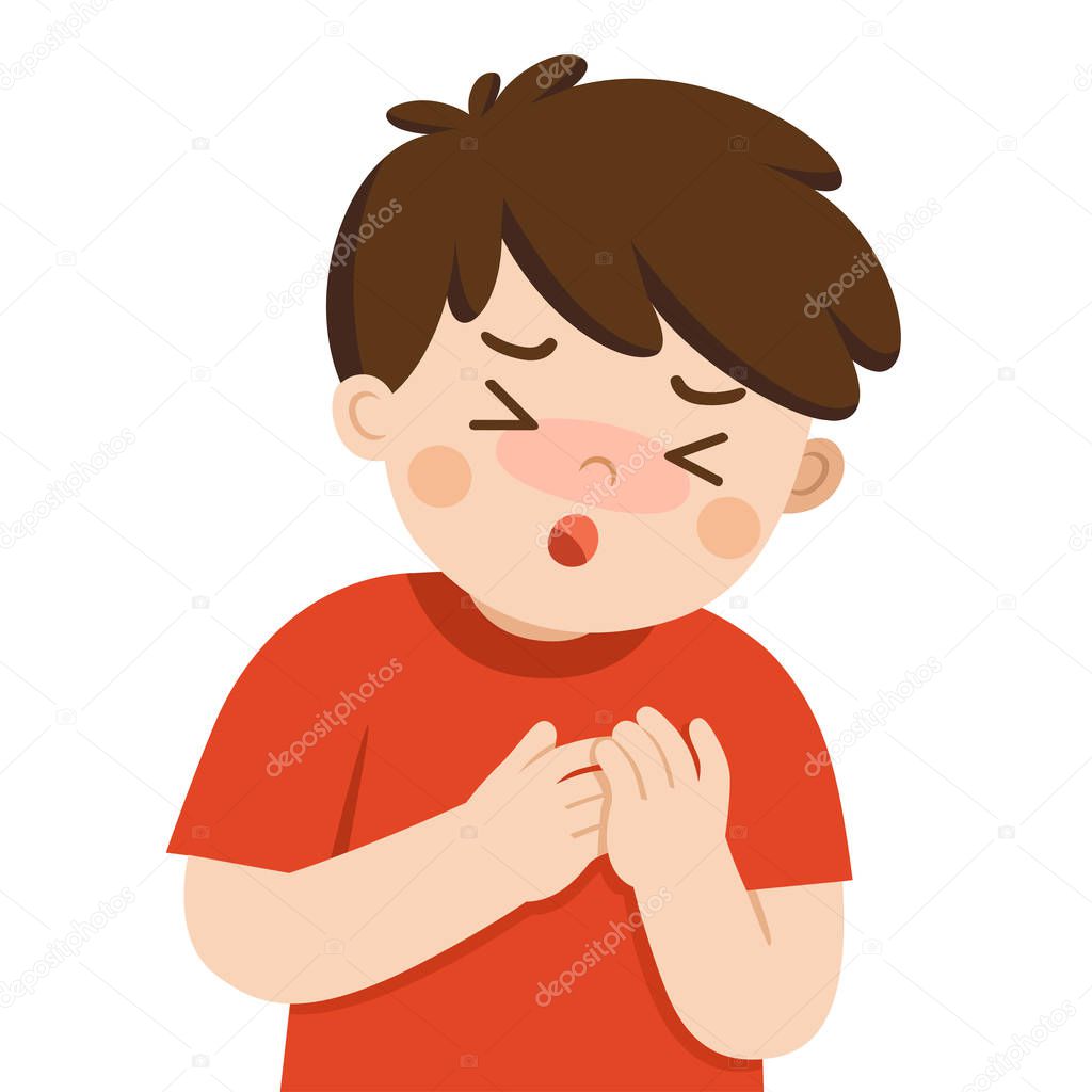 Sick cute boy with suffering from chest pain on white background. Flu symptoms. Health problem