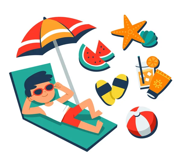夏天的时间一个男孩日光浴在一个海滩椅子上与热带海滩元素 夏季病媒 — 图库矢量图片