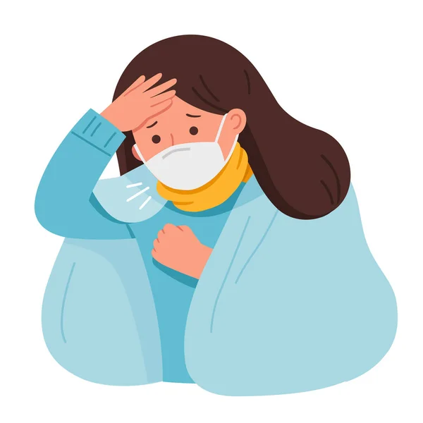 Portrait Woman Wear Medical Mask She Coughing Suffering Chest Pain — Stock Vector