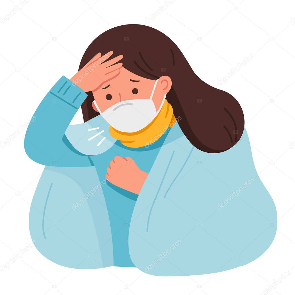 Portrait of woman wear medical mask.She is coughing and suffering from chest pain. Virus protection. Coronavirus 2019-ncov flu.Health and Medical. Vector illustration.