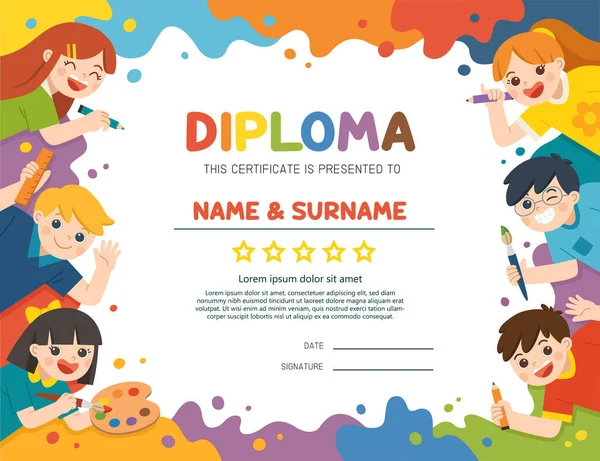 Sertifikalı çocuk diploması, sevimli çocukların eğlenmesi ve birlikte resim yapmaya hazır olmaları. Reklam broşürü şablonu. Çocuklar ilgiyle bakar. Sanat çocukları.