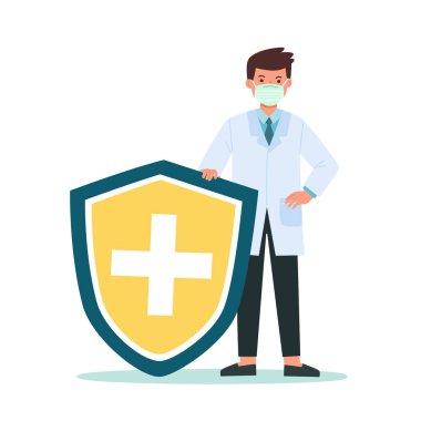 Doktorun elinde virüs ve bakterilerden korunan bir kalkan var. Sağlık bakterisi virüs koruması. Sağlıklı Doktor, bakteri saldırısını kalkanla yansıtıyor. İlaç konsepti çizimine bağışıklığı arttır.