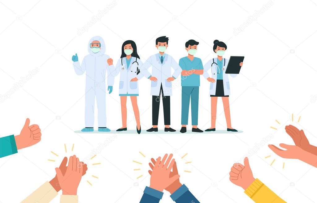 Human hands clapping for Brave doctors and nurses wearing face mask fight Against Covid-19, Coronavirus Disease. They are heroes. Health Care and Safety. Health bacteria virus protection.