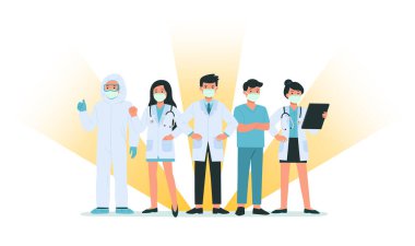 Covid-19 ve Coronavirus hastalıklarına karşı maske takan cesur doktorlar ve hemşireler. Onlar kahraman. Sağlık ve Güvenlik. Sağlık bakterisi virüs koruması.