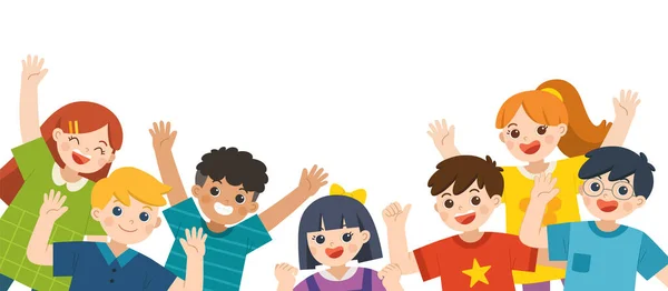 Ομάδα Από Πολυπολιτισμικά Χαρούμενα Παιδιά Που Χοροπηδούν Και Κουνάνε Χέρια — Διανυσματικό Αρχείο