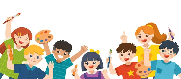 Multikulturell Glückliche Kinder Haben Spaß Und Sind Bereit Gemeinsam Malen — Stockvektor