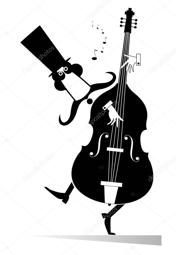 Funny mustached man in the top hat performing music on double bass
