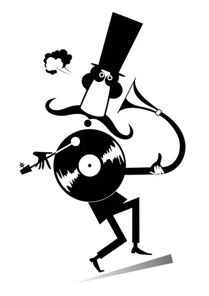Wąsaty mężczyzna i vintage gramofon — Wektor stockowy