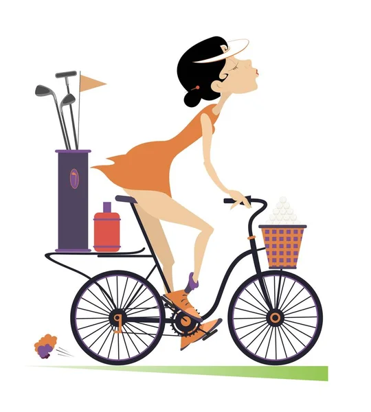 Usměvavá mladá žena jezdí na kole a jde hrát golf, samostatný — Stockový vektor