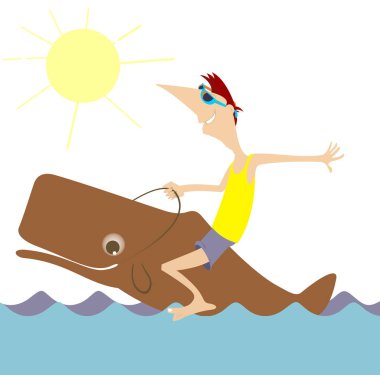 Adam gülümseyen izole balinanın üzerinde sürmek 