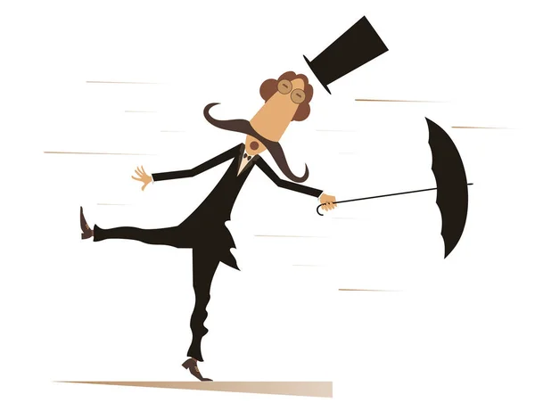 Cartoon man, umbrella and windy day isolated — Stock Vector