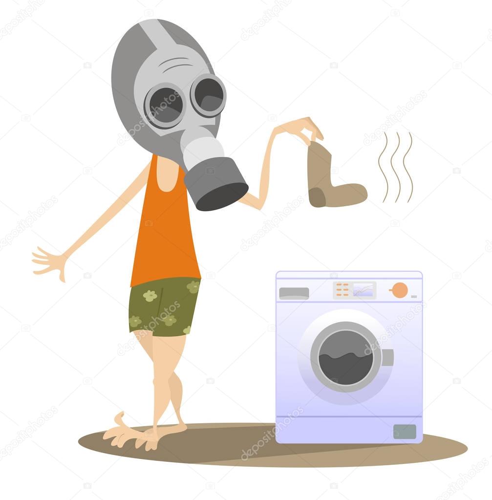 Dirty laundry, man in the gas mask and washing machine isolated