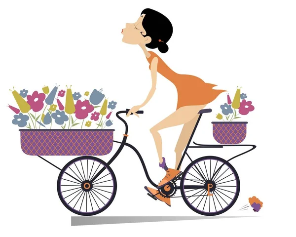 Mulher bonita, uma bicicleta e buquês de flores isoladas — Vetor de Stock