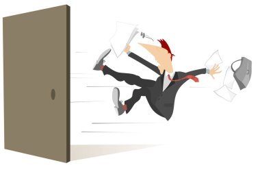 Genç adam izole açık kapıdan dışarı uçar