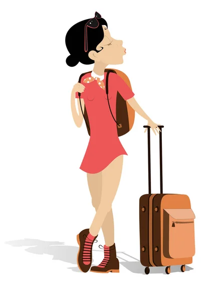 Junge Frau mit Tasche und Rucksack wird isoliert reisen — Stockvektor