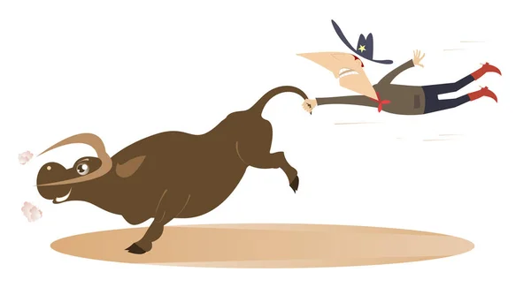 Illustration de rodéo de dessin animé avec cow-boy et taureau — Image vectorielle