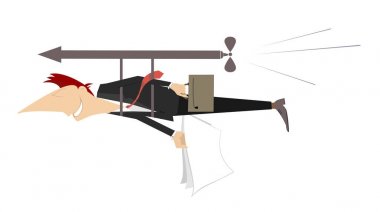 Adam ileri kavramı izole uçar. İleride bir ok ile airscrew kullanarak işadamı kağıtları ve çanta ile gider