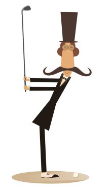 Golfçü illüstrasyon izole gülümseyerek. İyi bir tekme yapmayı hedefleyen silindir şapka bıyık golfçü gülümseyen