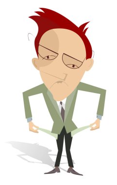 Üzgün adam boş ceplerini izole gösterir. Çizgi film üzgün adam gösterir hiçbir şey ile ceplerini kendi