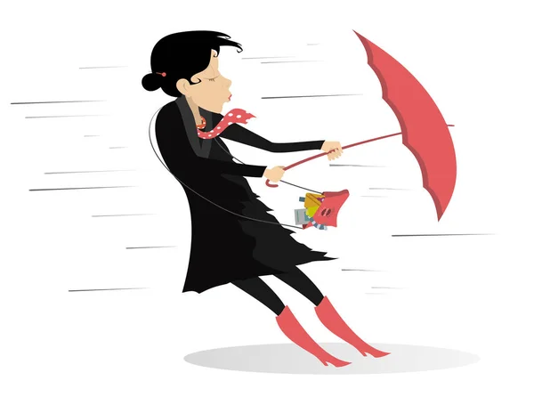 Rüzgarlı Bir Gün Izole Şemsiye Kadınla Bir Şemsiye Güçlü Rüzgarda — Stok Vektör