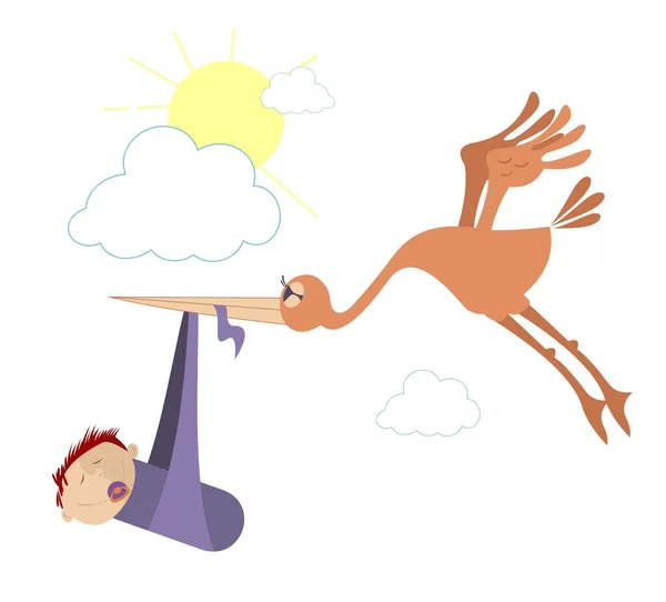 Flying Bird Holds Baby Beak Baby Brought Stork Concept Illustration — Stock Vector