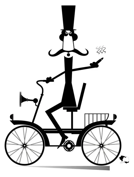 漫画の人は分離されたビンテージ バイクに乗る 口ひげ 傘を持つ紳士の乗り物レトロな自転車と葉巻を吸って — ストックベクタ