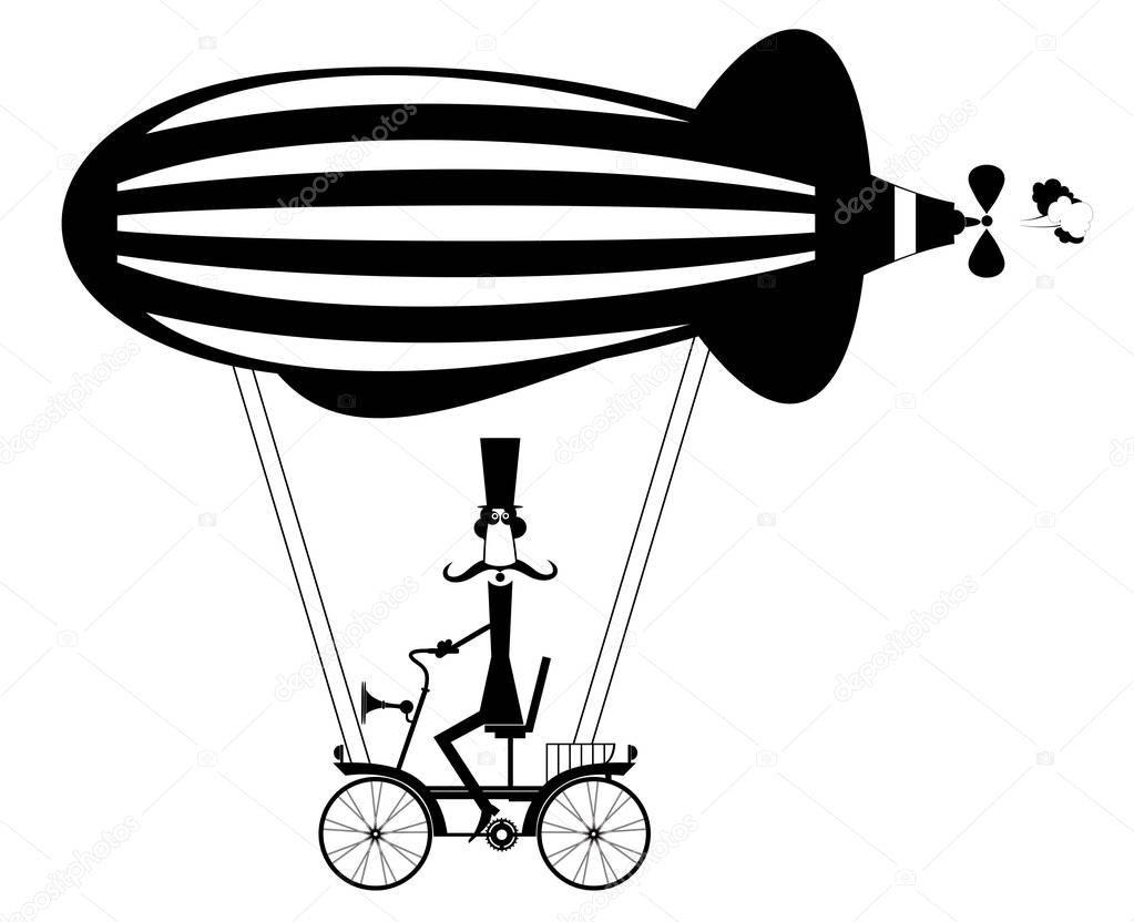 Mustache man in the top hat flies on the airship isolated. Cartoon mustache man in the top hat sitting on the bike flies on the airship