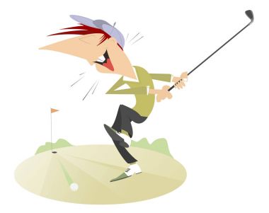 Golfçü illüstrasyon izole gülümseyerek. İyi bir tekme yapmayı hedefleyen golfçü gülümseyen
