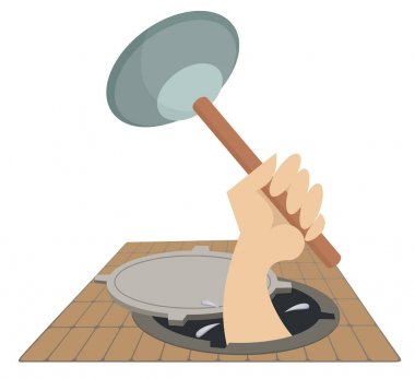 Mechanic working in the sewer manhole. Plunger in the hand of the plumber appears out from the sewer manhole clipart