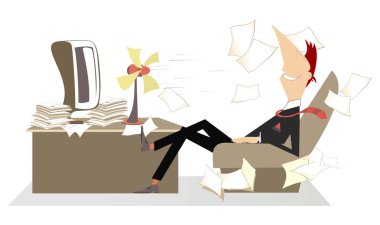 Office, adam, fan ve uçan uzakta kağıtları ısı. Adam ofis koltuk masa üstü fan önünde oturur ve temiz hava bir zevk alır 