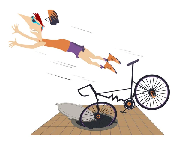骑车人从隔离的自行车上掉下来 骑单车的人进入下水道井口 从自行车上掉下来 — 图库矢量图片