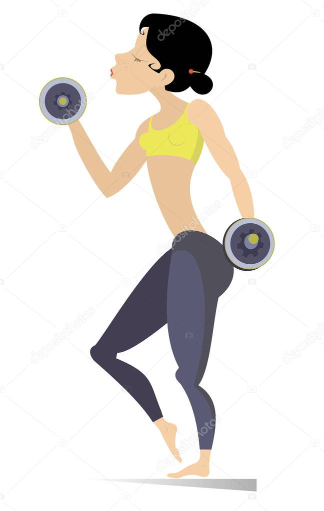Pretty young woman does exercises with dumbbells isolated. Well-developed figure young woman does exercises with dumbbells illustration