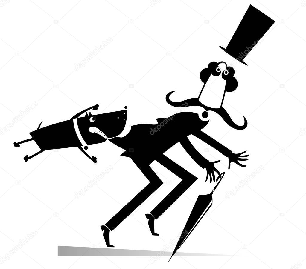 Cartoon aggressive dog and frightened man black on white isolated. Aggressive dog grabs the mustache man in the top hat and umbrella by the clothes black on white illustration