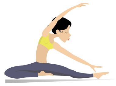 Kıvrak şekil üzerinde beyaz izole spor ya da yoga egzersizleri yapıyor olan kadın. Kıvrak figür ile genç kadın üzerinde beyaz illüstrasyon izole bir vücut virajlı