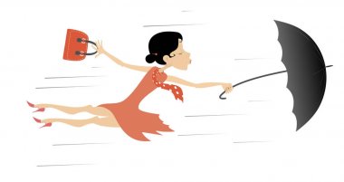 Rüzgarlı bir gün ve izole şemsiye olan kadın. Genç kadın bir şemsiye ve güçlü Rüzgar çizgi film illüstrasyon ile gitti bir süslü çanta tutmak çalışır