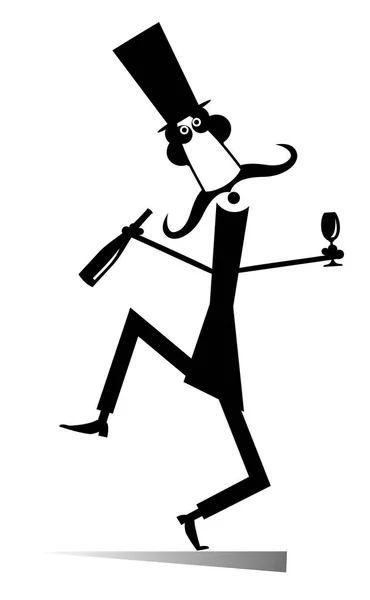 Dancing Long Mustache Man Top Hat Bottle Wine Footed Tumbler — Stock Vector