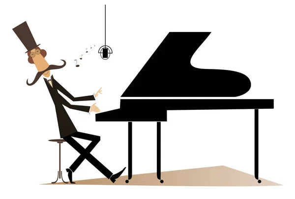 Pianiste Moustache Joue Musique Piano Chante Isolé Homme Moustache Chapeau — Image vectorielle