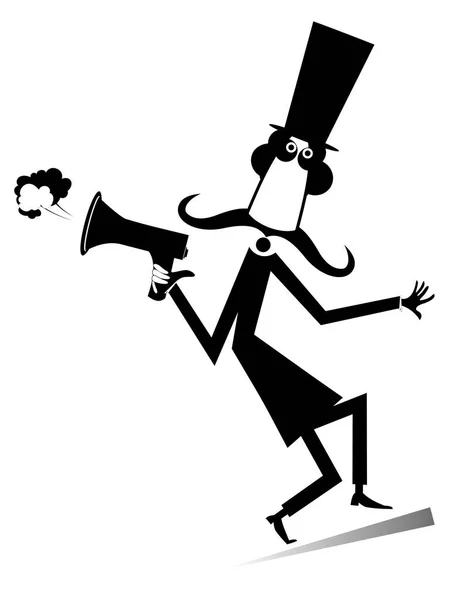 分離したメガホン イラスト漫画長い口ひげの男 シルクハットの口ひげの男がメガホン シルエット白地黒によって方向を与える — ストックベクタ