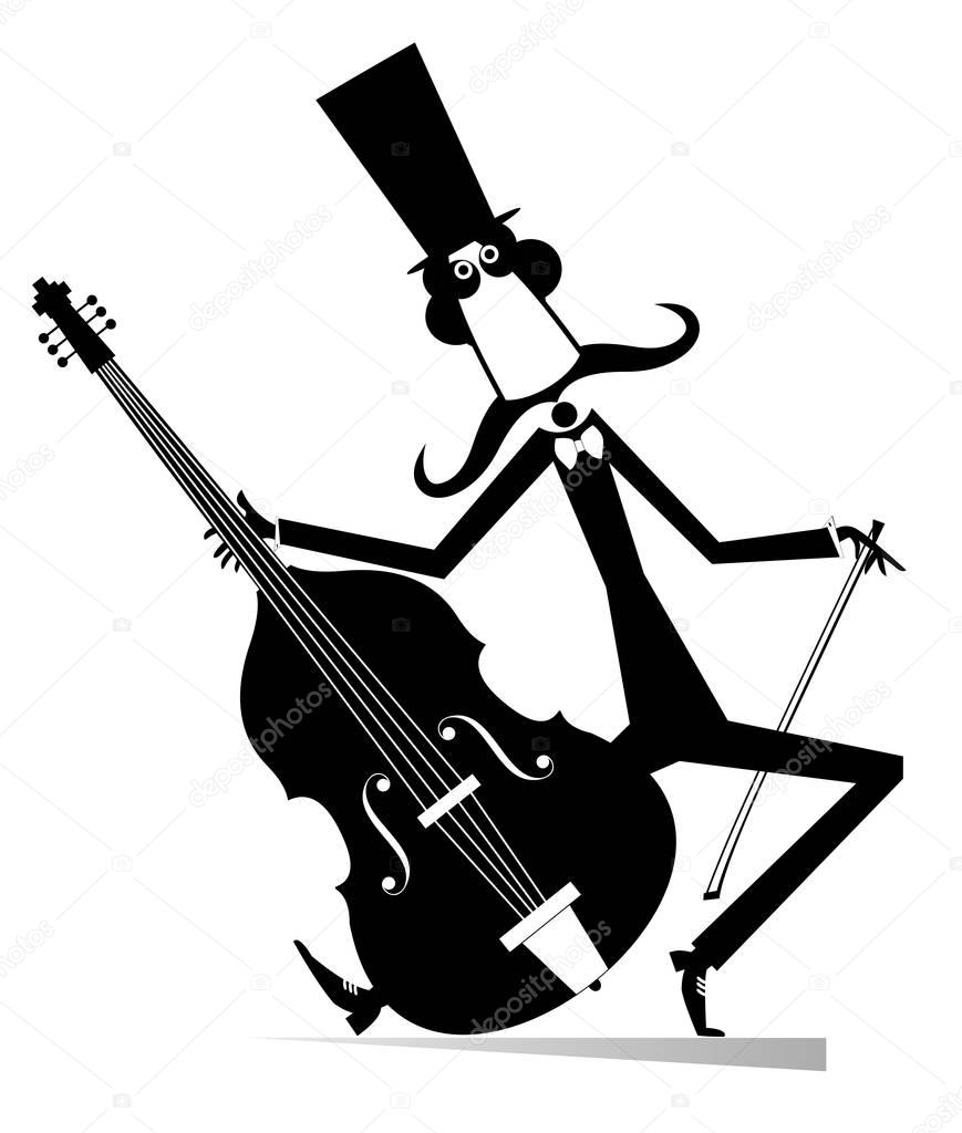 Cartoon long mustache cellist illustration isolated. Smiling mustache man in the top hat is playing music on cello with inspiration 