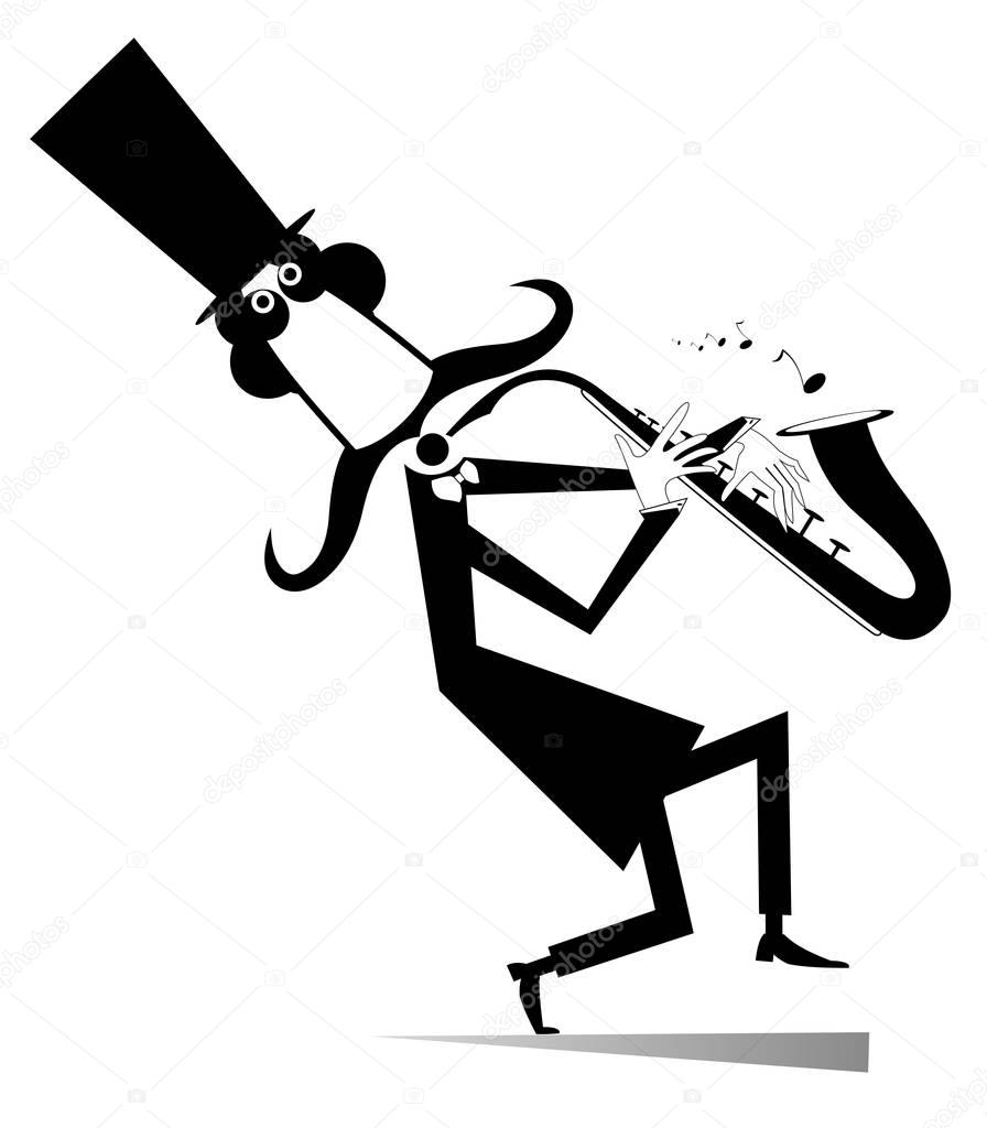 Cartoon long mustache saxophonist illustration isolated. Smiling mustache man in the top hat is playing music on saxophone with inspiration 