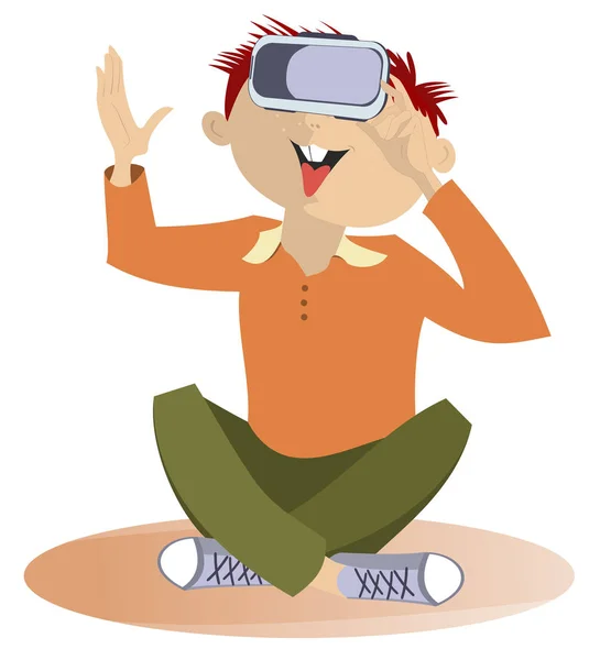 Yong Man Wearing Virtual Reality Goggles Isolated Illustration Smiling Young — Stock Vector
