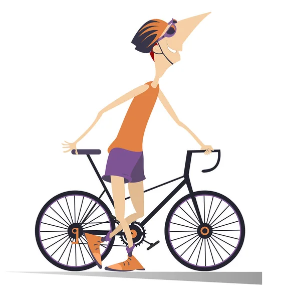 Ciclista Sorridente Fica Segurando Uma Bicicleta Ilustração Isolada Desenhos Animados — Vetor de Stock