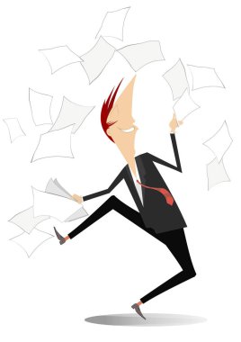 Kağıtları, savurma mutlu bir adam hakkında bir şey vektör çizim heyecanlı. Adam ya da işadamı çalışma ve atar sonuna kadar hava için bir çanta sevindim ve izole örnek belge