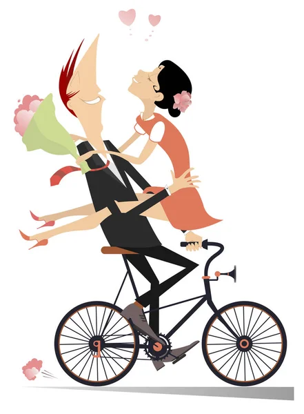 Romantique Jeune Couple Balade Sur Vélo Illustration Isolée Homme Femme — Image vectorielle