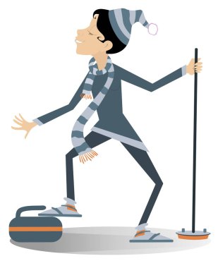 Genç gülümseyen illüstrasyon izole curling çalış. Bir taş üzerinde izole beyaz örnek üzerinde bir ayak koymak fırça kıvrık ile gülümseyen kadın 